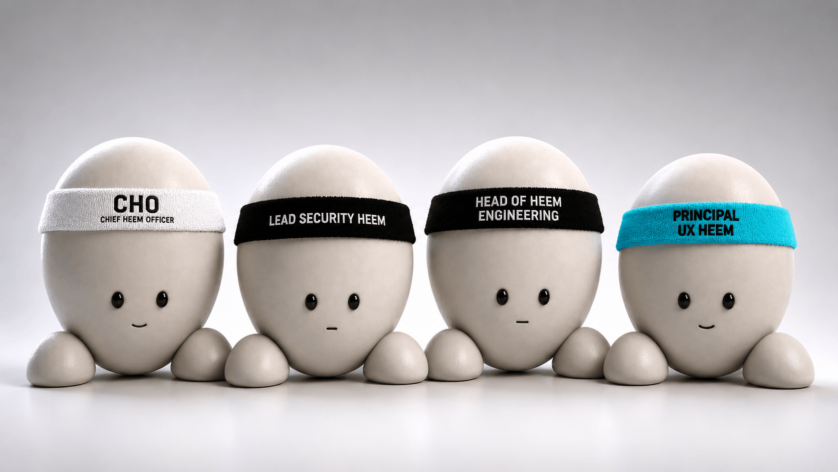 The Heem Team: four egg-shaped characters wearing headbands labelled Chief Heem Officer, Lead Security Heem, Head of Heem Engineering and Principal UX Heem.